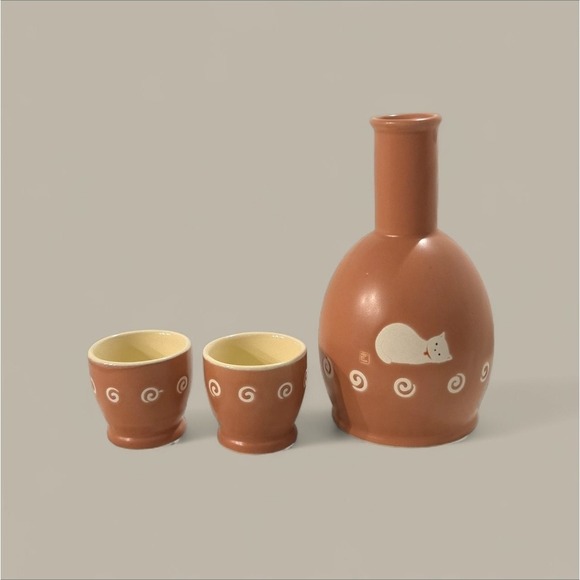 Other - Kato Kogei Japan Pink Wine Vessel Sake 3 Piece Set Cups Kitty Cat